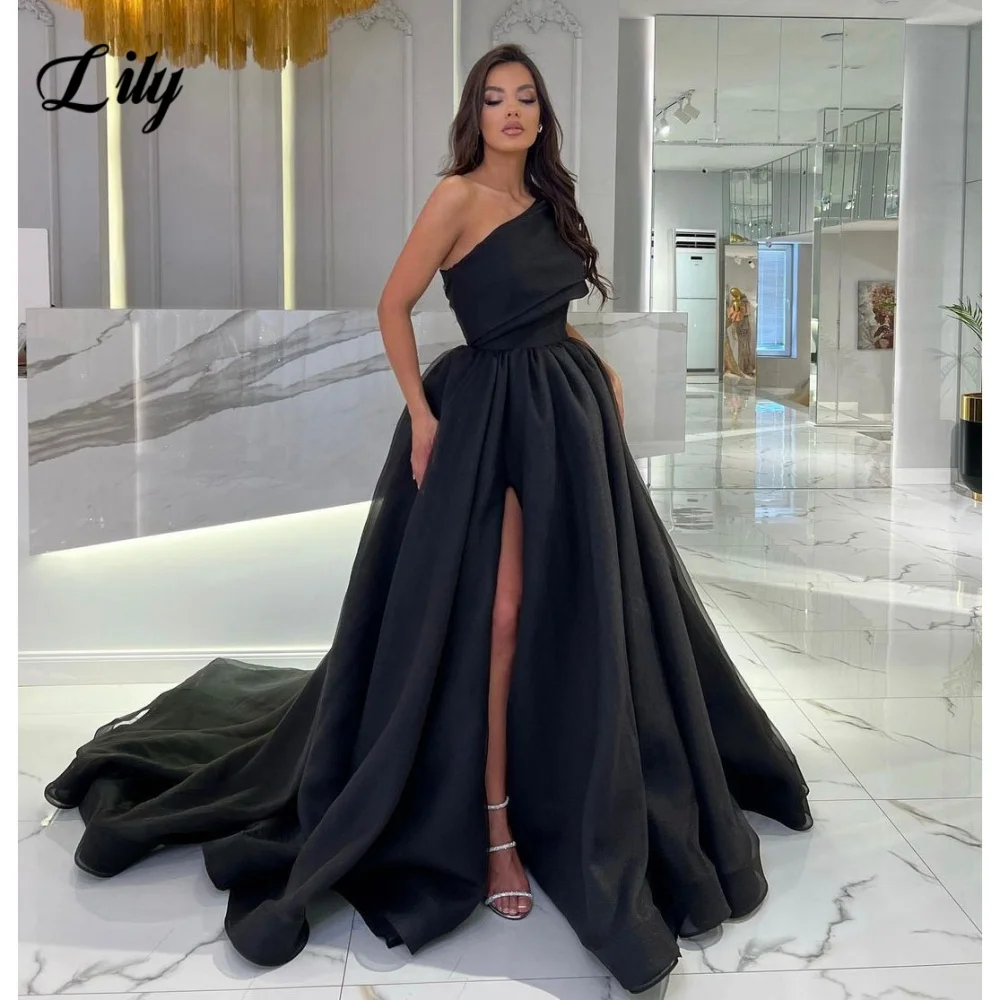 Lily Black One Shoulder Prom Dress Elegant Backless Evening Gown for Woman Organza Side Split Party Dresses robe de soirée femme