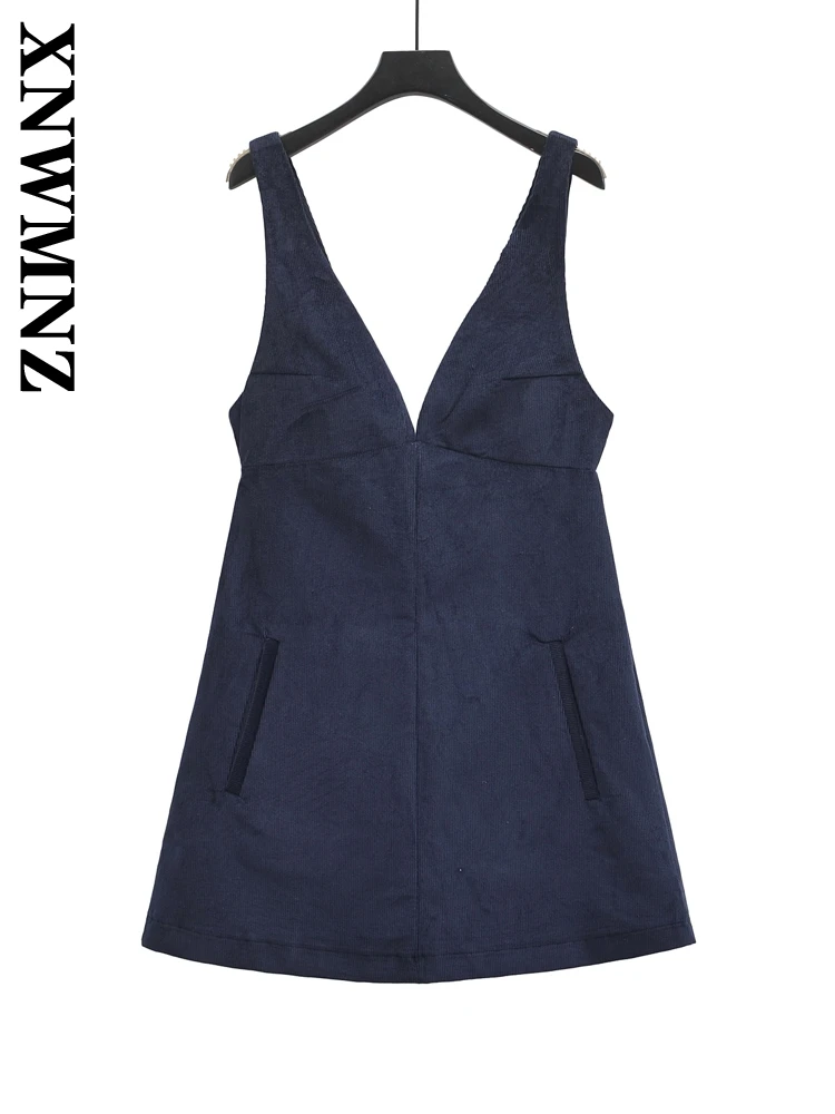 XNWMNZ 2024 Summer Woman Casual Pockets Sleeveless zipper Dress Top Female Fashion Solid Color V-Collar Regular Fit A-lineskirt