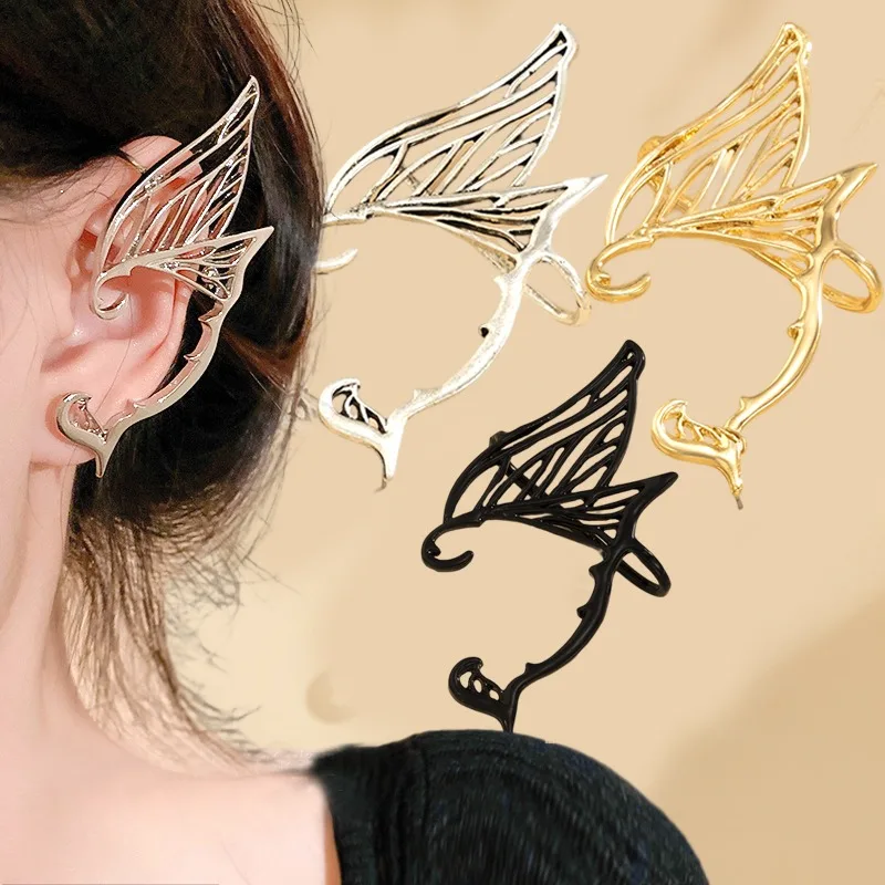 Single Side Earrings Leaf/Right Ear Fairy Ear Cuff Earring Elf Ear Clip Antique Gold Color Earrings Women Goth Halloween Earcuff