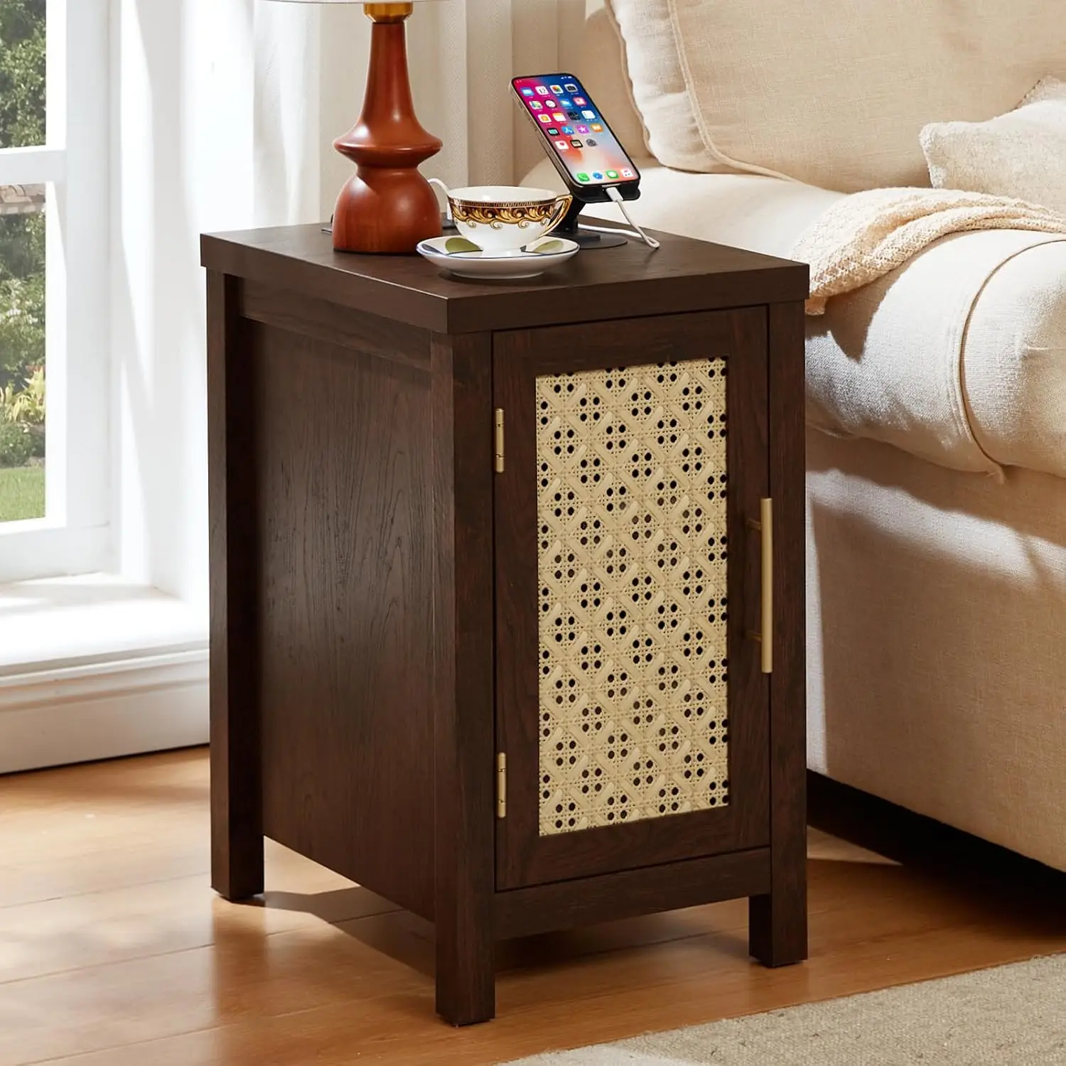Rattan Nightstand Set of 2 with USB Charging Station, Brown, Customized