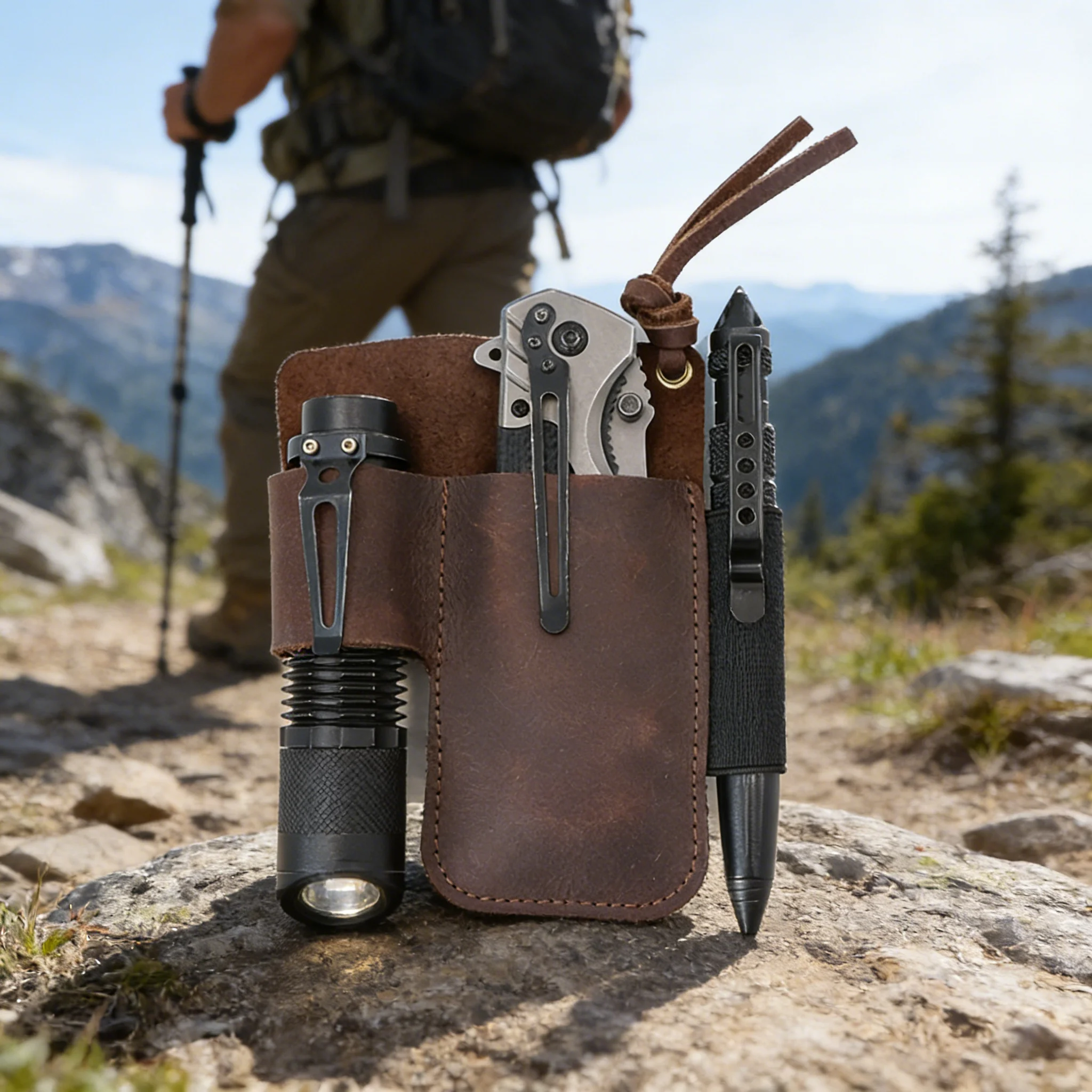 EDC Leather Flashlight Tool Holster Multi-functional Outdoor Tactical Belt Pouch for Folding Knife Storage