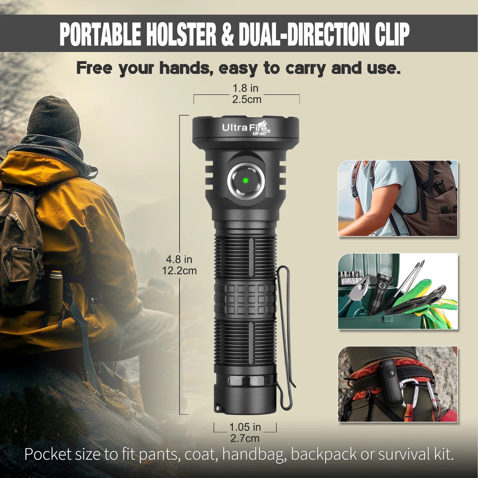 مصباح يدوي تكتيكي UltraFire UF-H7 بقوة 2500 لومن ومدى طويل 643 مترًا ومنفذ USB C قوي 21700 قابل لإعادة الشحن للاستخدام الخارجي EDC مناسب للشرب #4