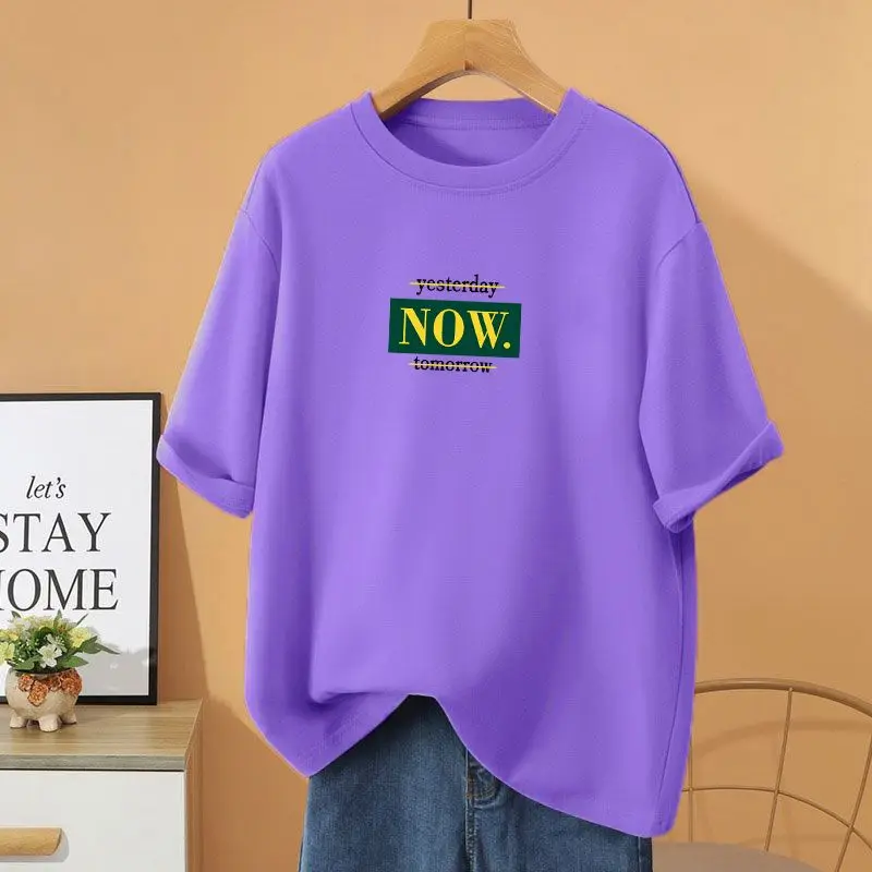 

Women Letter Printed Basics T-shirt Summer Short Sleeve Pure Cotton O-neck Loose Top Tees Comfortable Casual Pullover