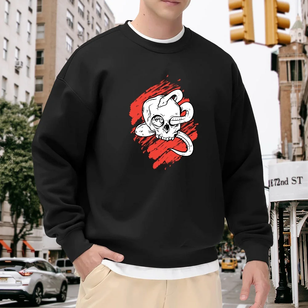 

Men's Black Crew Neck Loose Sweatshirt with Skull and Snake Print, Street Fashion Top, Versatile for Everyday Casual Wear, Comfortable and Breathable Unique Pullover