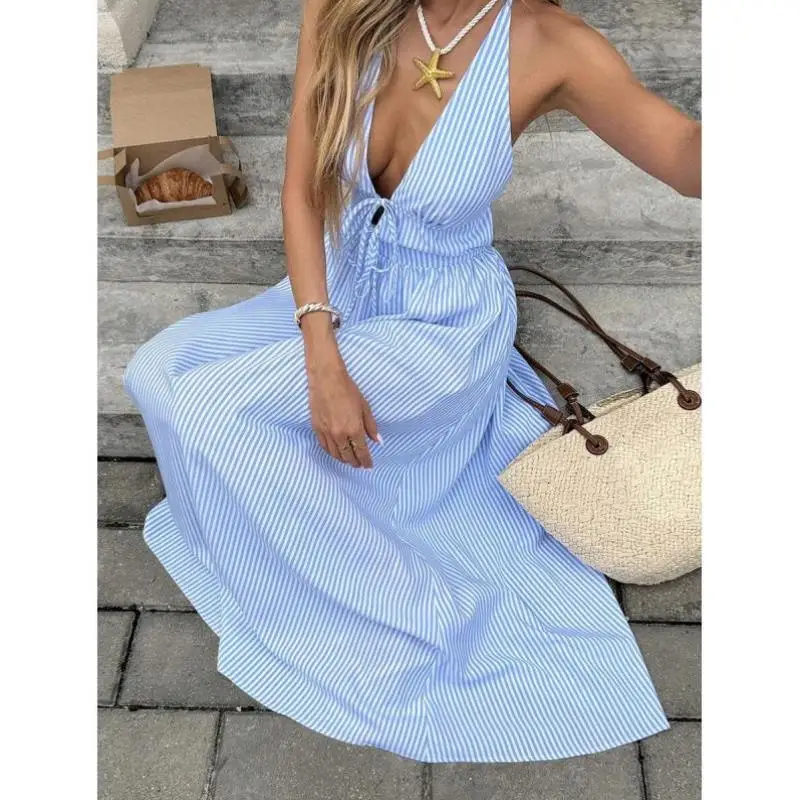 

Blue And White Striped Summer Dr Strapl Cross-Border Sle Casual Sport Suit Seven Sve Length Autumn Season Wear