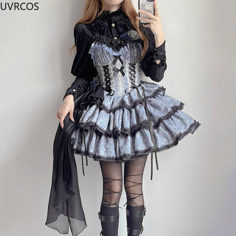 Japanese Dark Gothic Lolita OP Dress Women Vintage Elegant Bow Flower Three Section Party Dresses Girls Slim Short Sleeve Dress