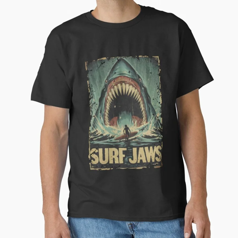 

Surf Jaws Vintage Great White Shark Attack 80s Retro Horro Movie Jaws 50Th Anniversary gift t shirt Large size tops
