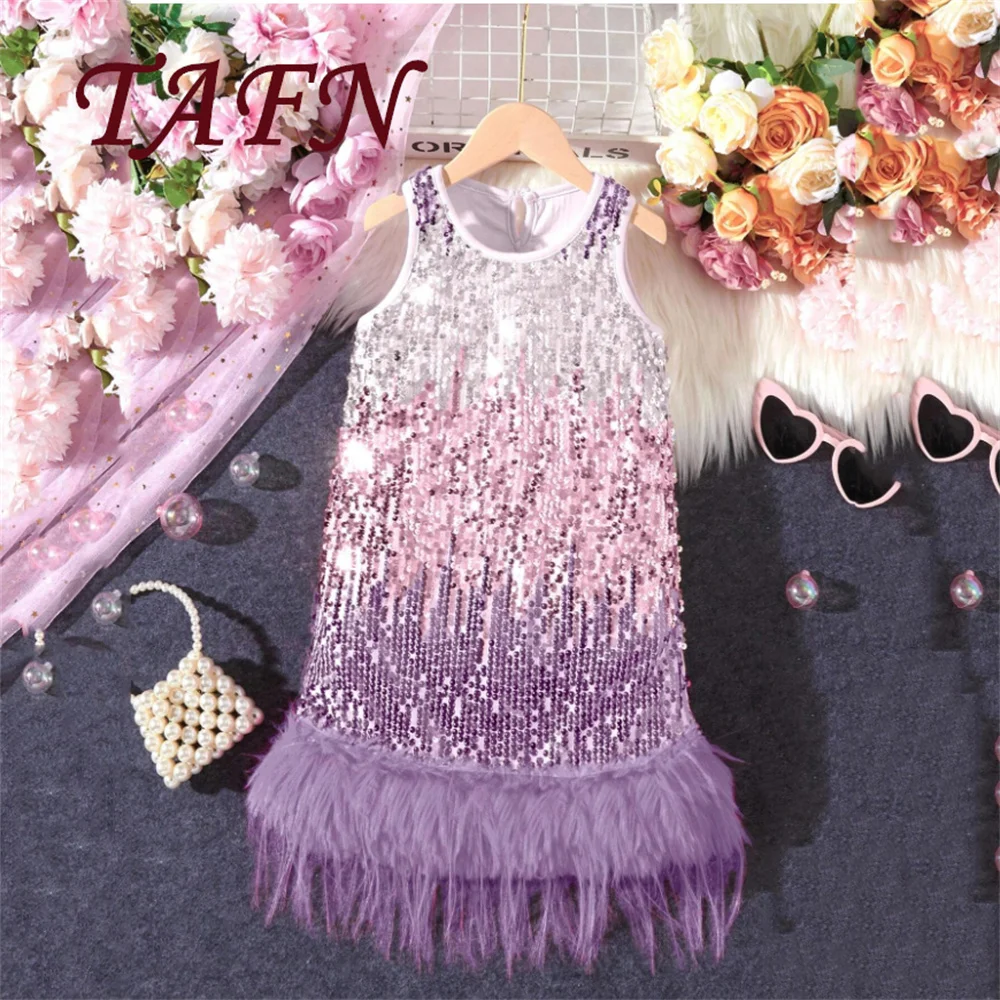 

TAFN Fashion Color Blocking Girls Dress Mesh Sequin Splicing Tank Top Dress European and American Evening Gown Customized