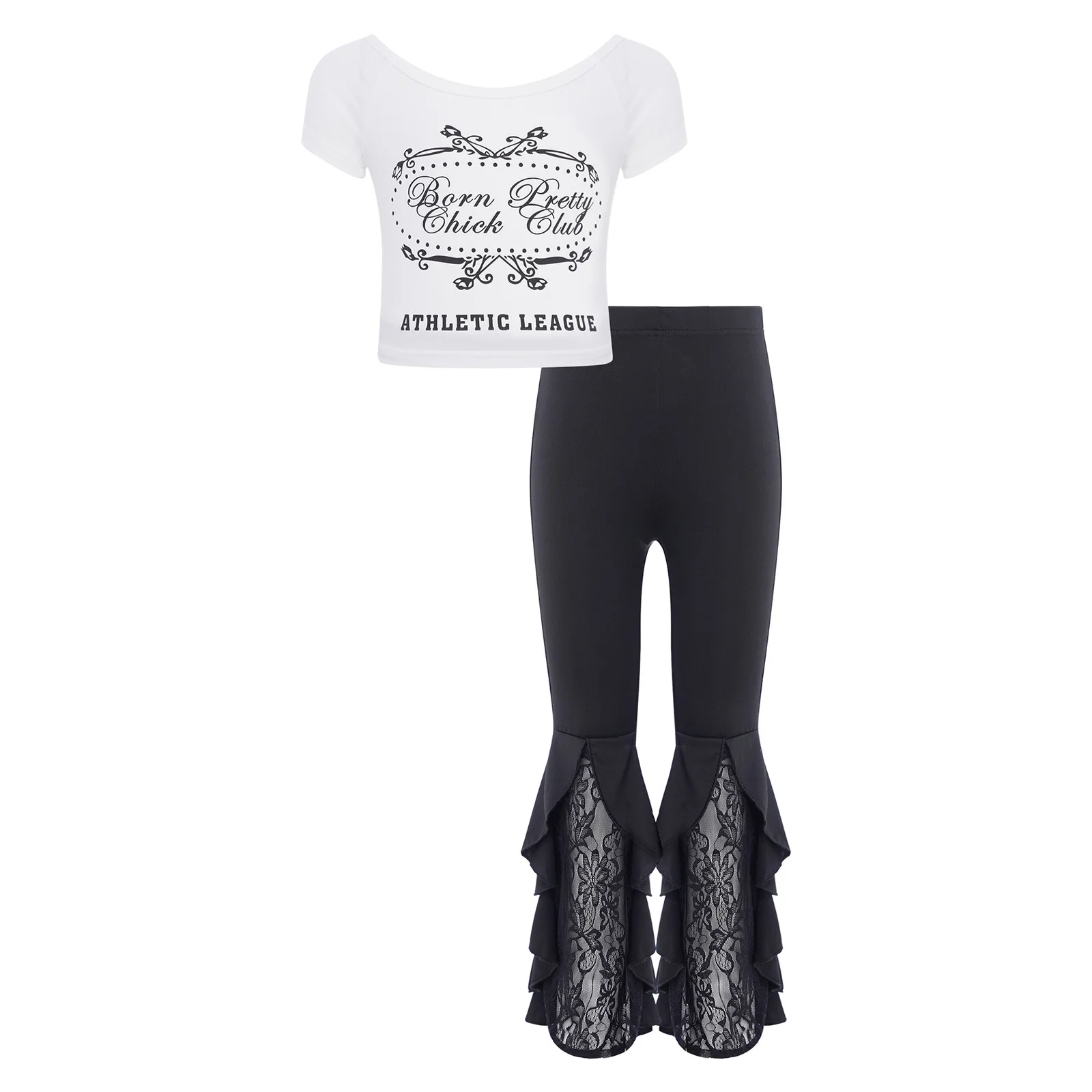 Kids Girls Fashion Clothes Outfit 2Pcs Short Sleeve Scoop Neck Letter Printed Top with Lace Patchwork Ruffled Bell-Bottom Pants
