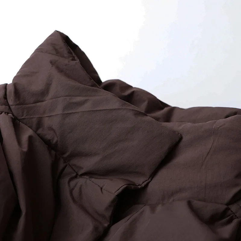 Coffee Colored Cotton Jacket for Women Winter Stand Collar Waist Cinched Quilted Coat Solid Color Long Sleeved Warm Outerwear