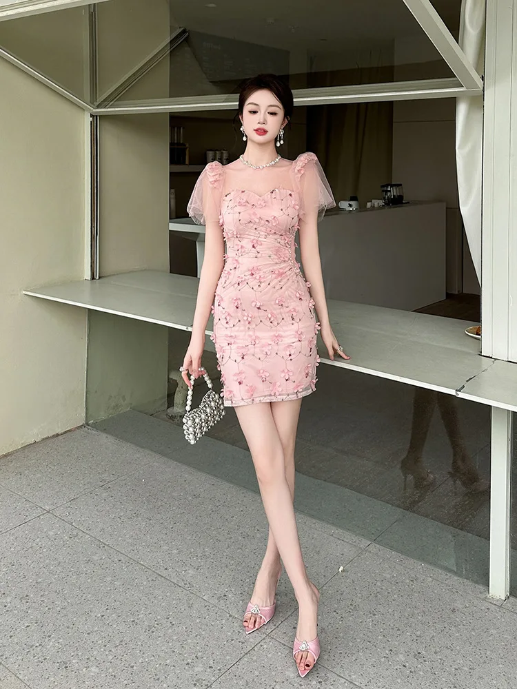 French Pink Puff Sleeve Mesh Dress Sweet Style Age-Reducing High Waist Hip Skirt Summer Women