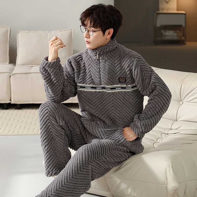 Winter Men's Pajamas Homewear Suit New Coral Fleece Warm Long-Sleeved Spring Autumn Fashion Warm Men's Flannel Homewear Dropship