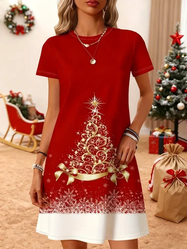 Imagen 2 del producto Vestido con estampado de árbol de Navidad para mujer, traje de fiesta de vacaciones dorado rojo, vestido largo elegante para todas las estaciones para Navidad, Nochevieja, Navidad