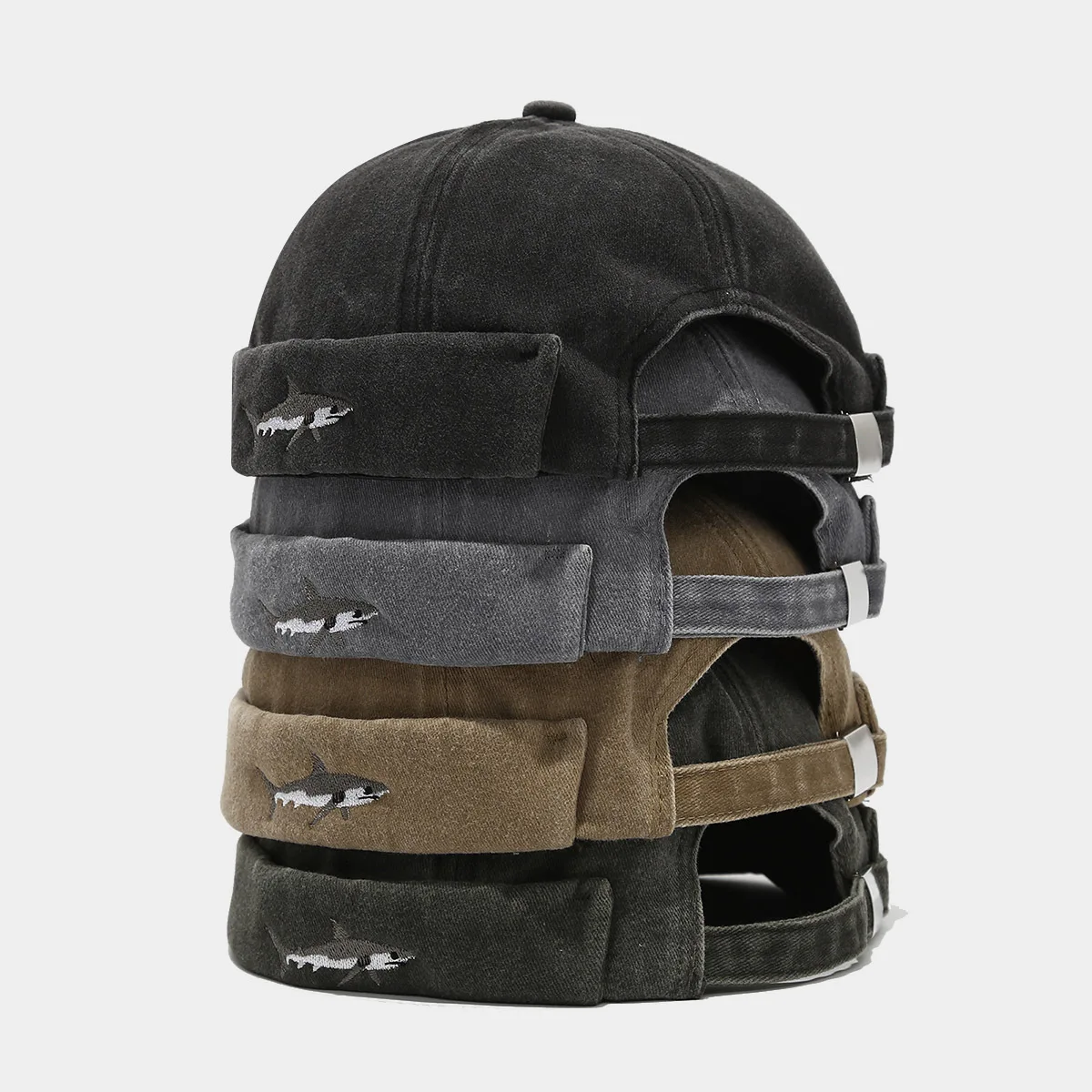 Washed Docker Beanie Brimless Cap Hat Without Visor Solid Color Vintage Street Style Spring Autumn Dome Cap Shark Embroidery