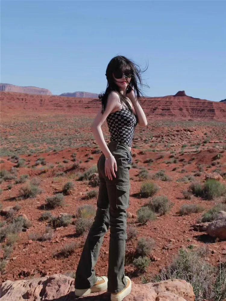 

American Retro Street Style Military Green Micro Flared Jeans Women's Slimming Tall Extended Low Waist Pants