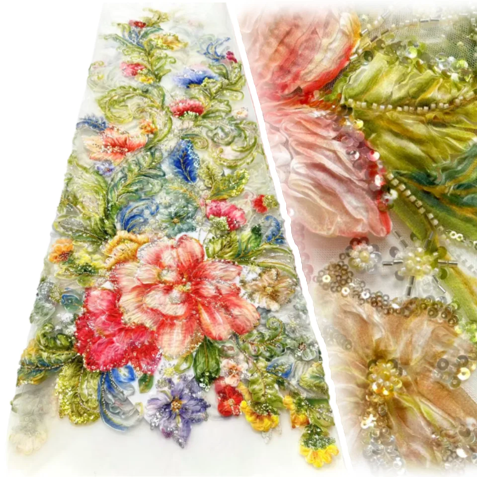 

Bright African Sequins Beaded Lace Fabrics 3D Stratified Color Embrordered Mesh Tulle Lace for Women Party Dress Material SZ1731