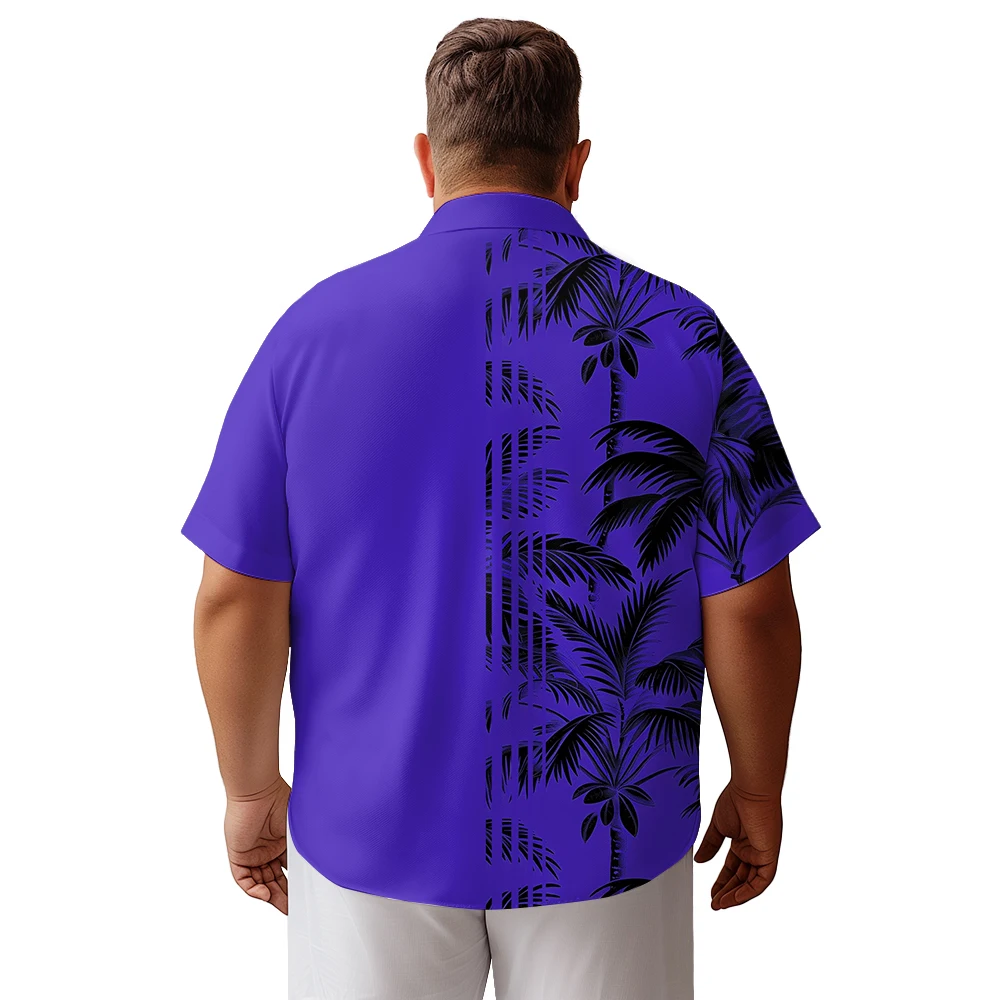 2024 new  Men's shirts plus size White coconut tree with purple base printed clothing casual short-sleeved