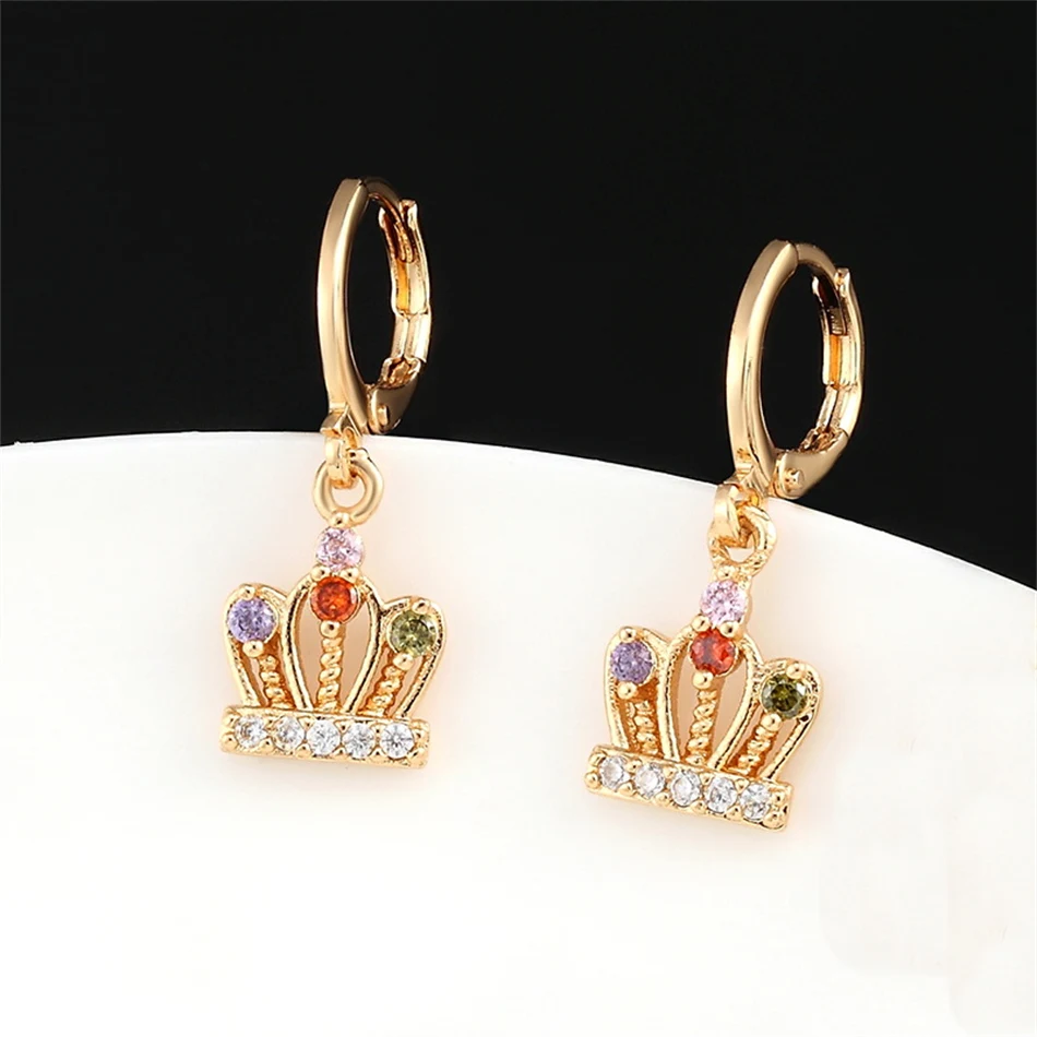 Luxury Queen Crown Drop Earrings Gold Color Crystal Zircon Dangle Earrings Metal Hoop Princess Wedding Jewelry Women Girl Gifts