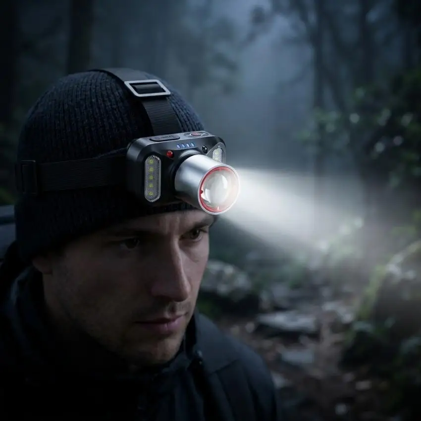 Rechargeable Headlamp with Motion Sensor 6 Lighting Options Including White Red Flashing SOS and Adjustable Focus