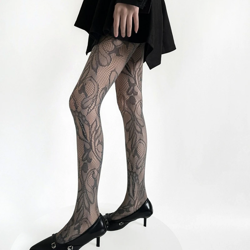 Women Grey Tights Series Sexy Lingerie Female Fashion High Elastic Fishnet Thin Pantyhose Summer Breathable Lace Woman Stockings