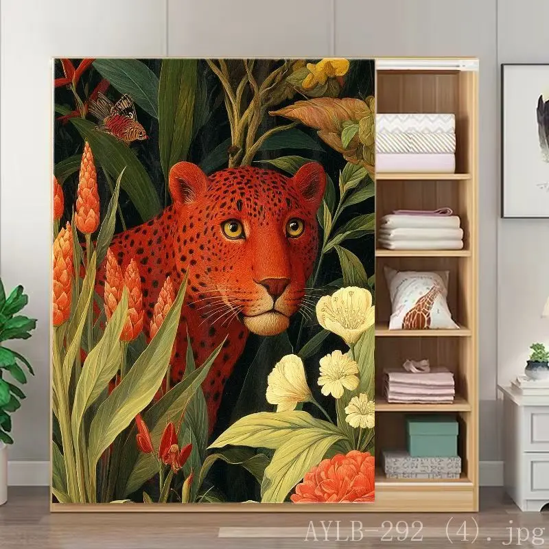 VIKAMA Leopard Jungle Leaf Cabinet Curtain, Dustproof Wardrobe Door Curtain for Bedroom Living Room Kitchen Cabinet Decor