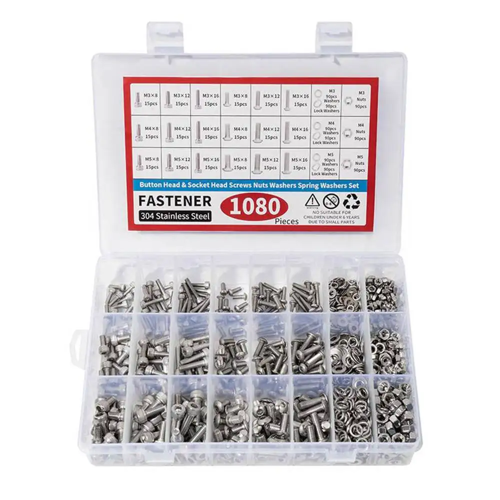 

1080pcs Nuts And Bolts Assortment Kit M3 M4 M5 M6 Screw Set Button Head & Socket Head Metric Screws 304 Stainless Steel Nut & Bo