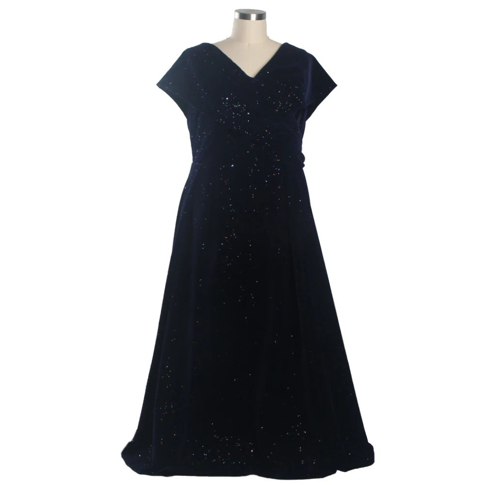 

Evening Dresses Navy Blue Velour Bling Pleat V-neck Short Sleeves Lace up A-line Floor Length Plus size Women Party Dress C1429