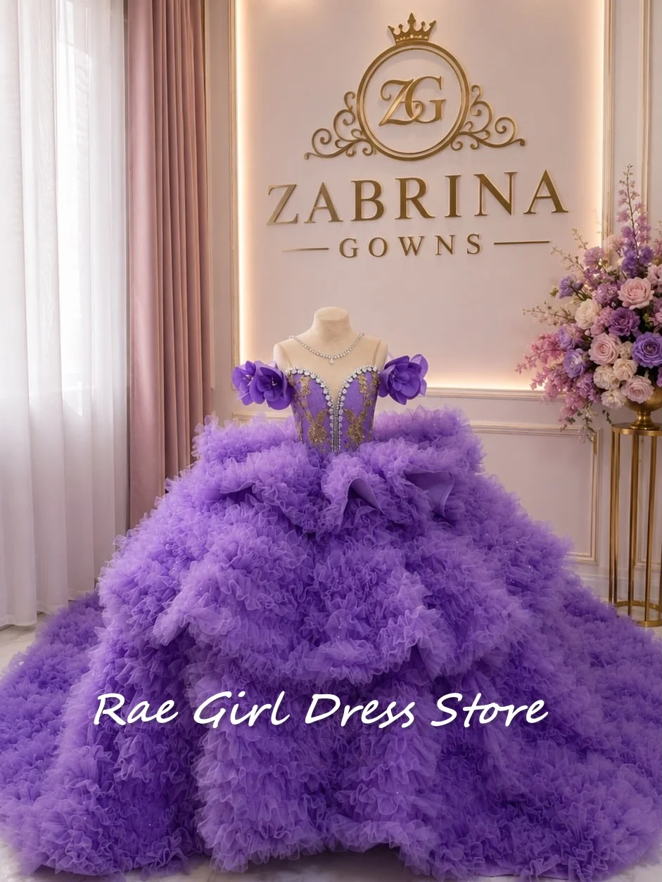 Purple Ruffled Tulle Flower Girl Dress Off Shoulder 3D Floral Gold Embroidery Corset Bodice Voluminous  With Train Quinceanera