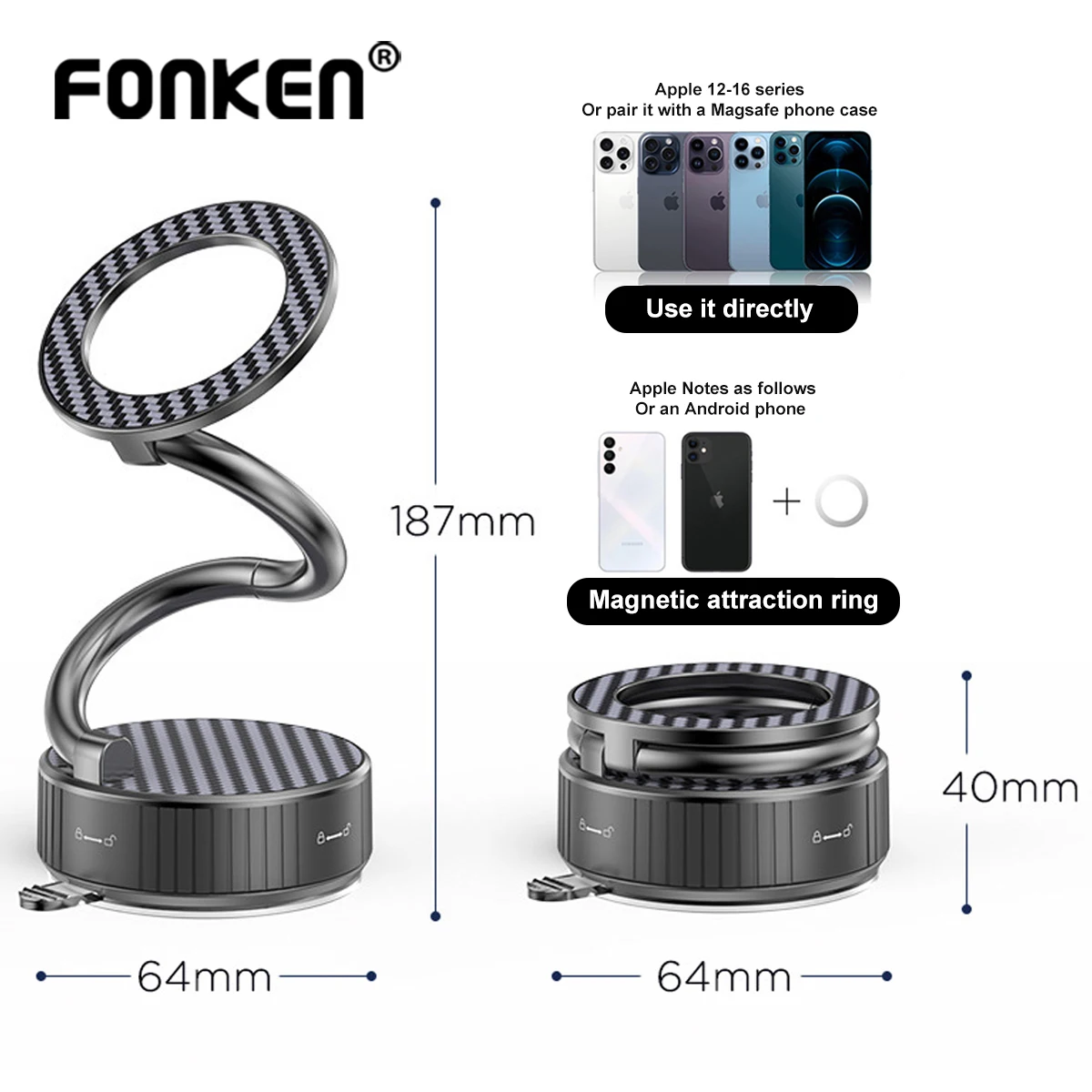 360 Adjustable Car Phone Holder for Magsafe Vacuum Magnetic Phone Holder Stand with Suction Cup Ultra Long Metal Arm Car Mount