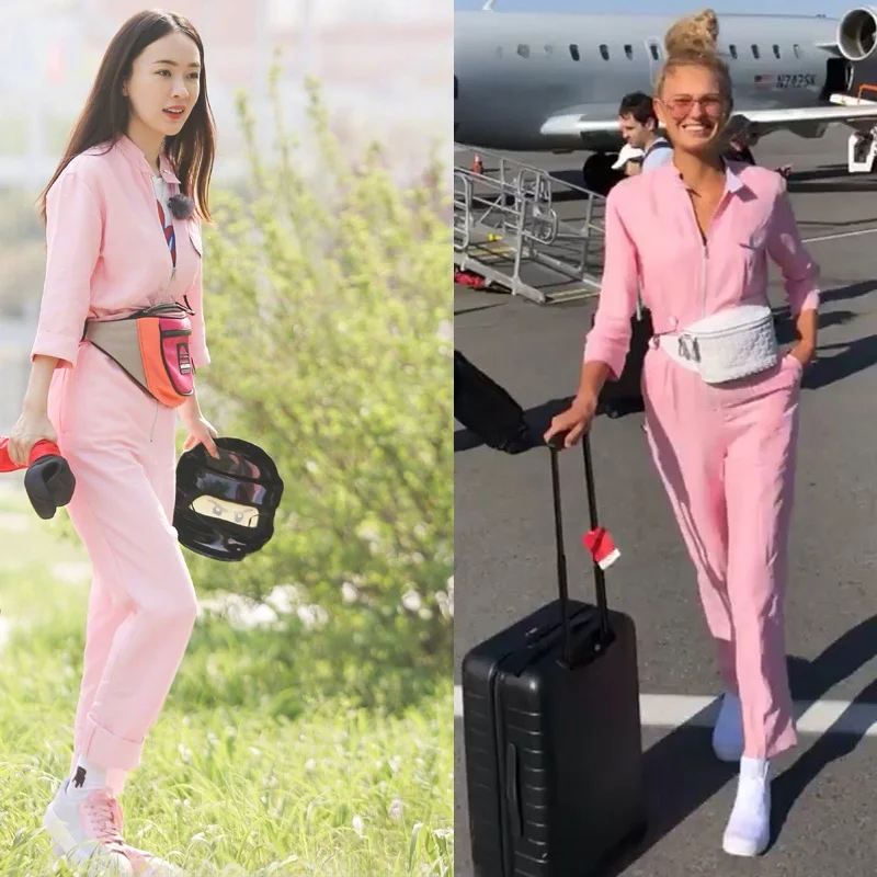 Pink Long Sleeve Zipper Onesie Slimming Casual Pants Autumn Style Women's All-Match Natural Waist Straight Leg Trousers