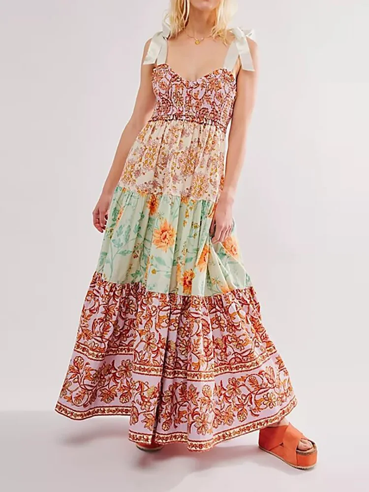 

Backless Loungewear Simple Chic Party Dress, Women Summer Lace-Up Sleeveless Maxi Dress, Printing Patchwork Holiday Ladies Dress