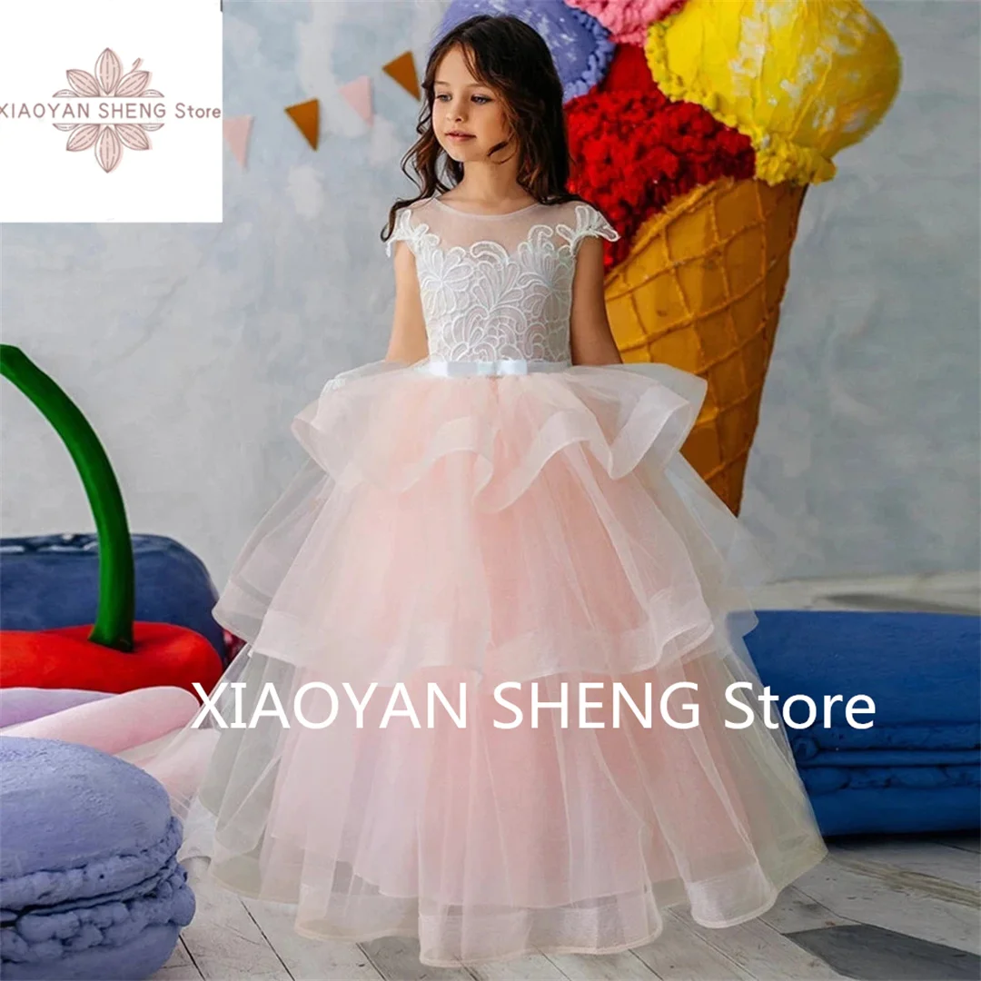 

Ball First Communion Dresses Kids Surprise Birthday PresentElegant Short-sleeved Tulle Lace Layered Flower Girl Dress