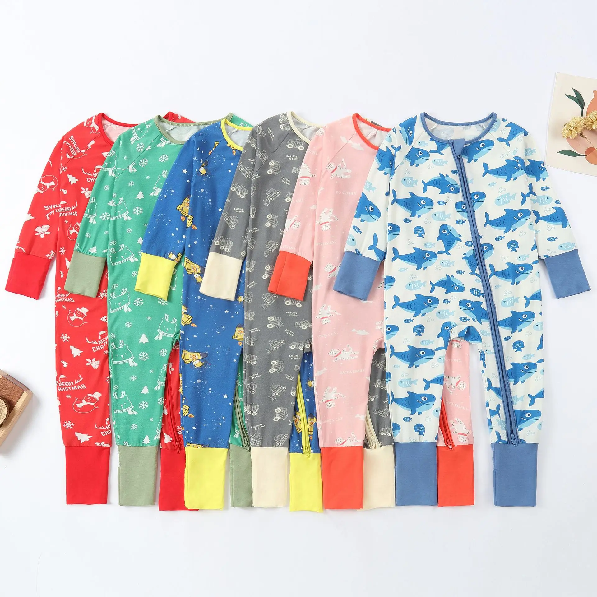 Baby Bamboo Fiber Newborn Long Sleeve Zip Romper Footed Hand Cover Onesie Baby Sleeper Soft Pajamas Bodysuit Infant Nightwear