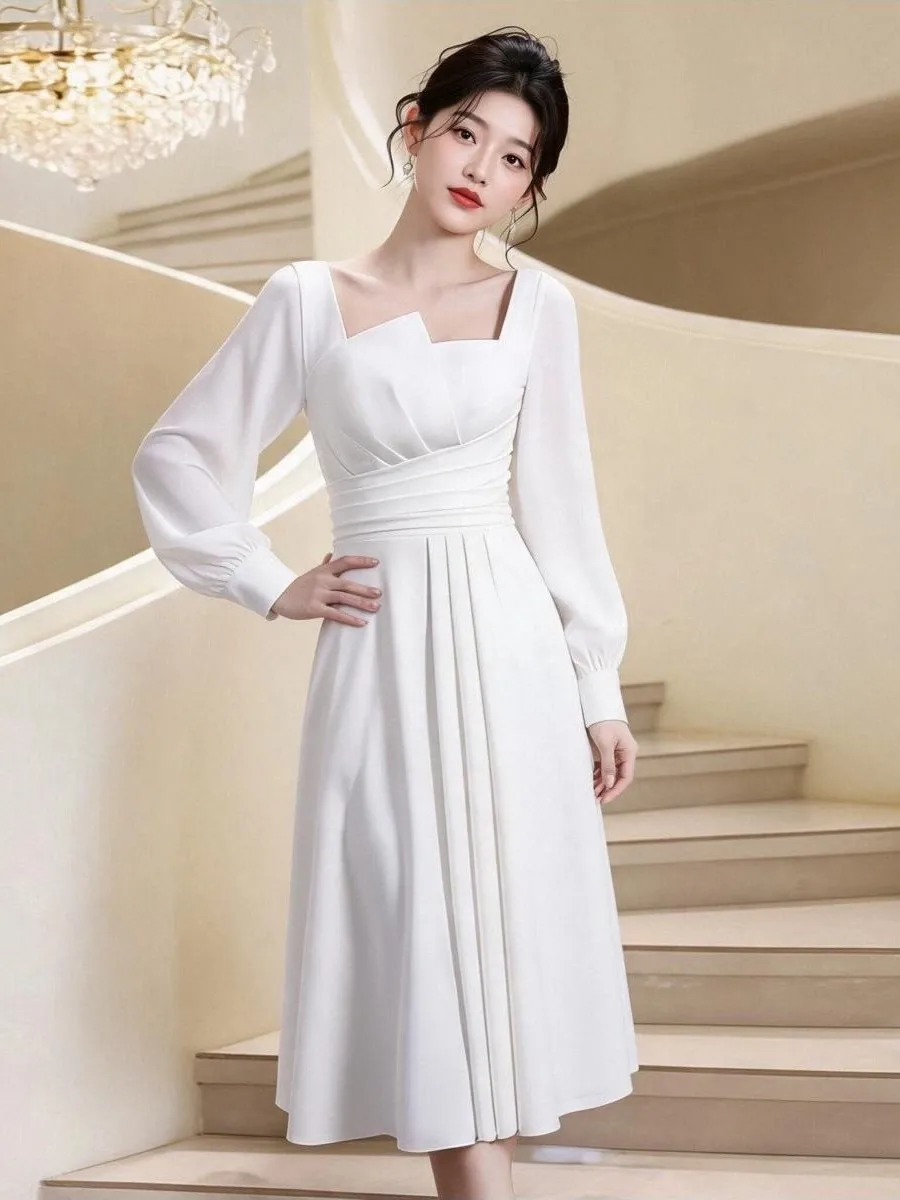 Elegant Long Sleeve Evening Dress Square Collar Slimming A-Line Skirt Daily Outing Party Atmosphere Dress Women's Fashion