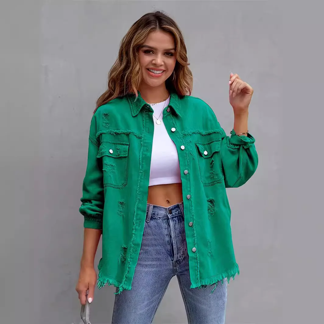 Spring and Autumn New Solid Color Medium Long Style Ripped Long Sleeved Denim Jacket European and American Jacket for Women