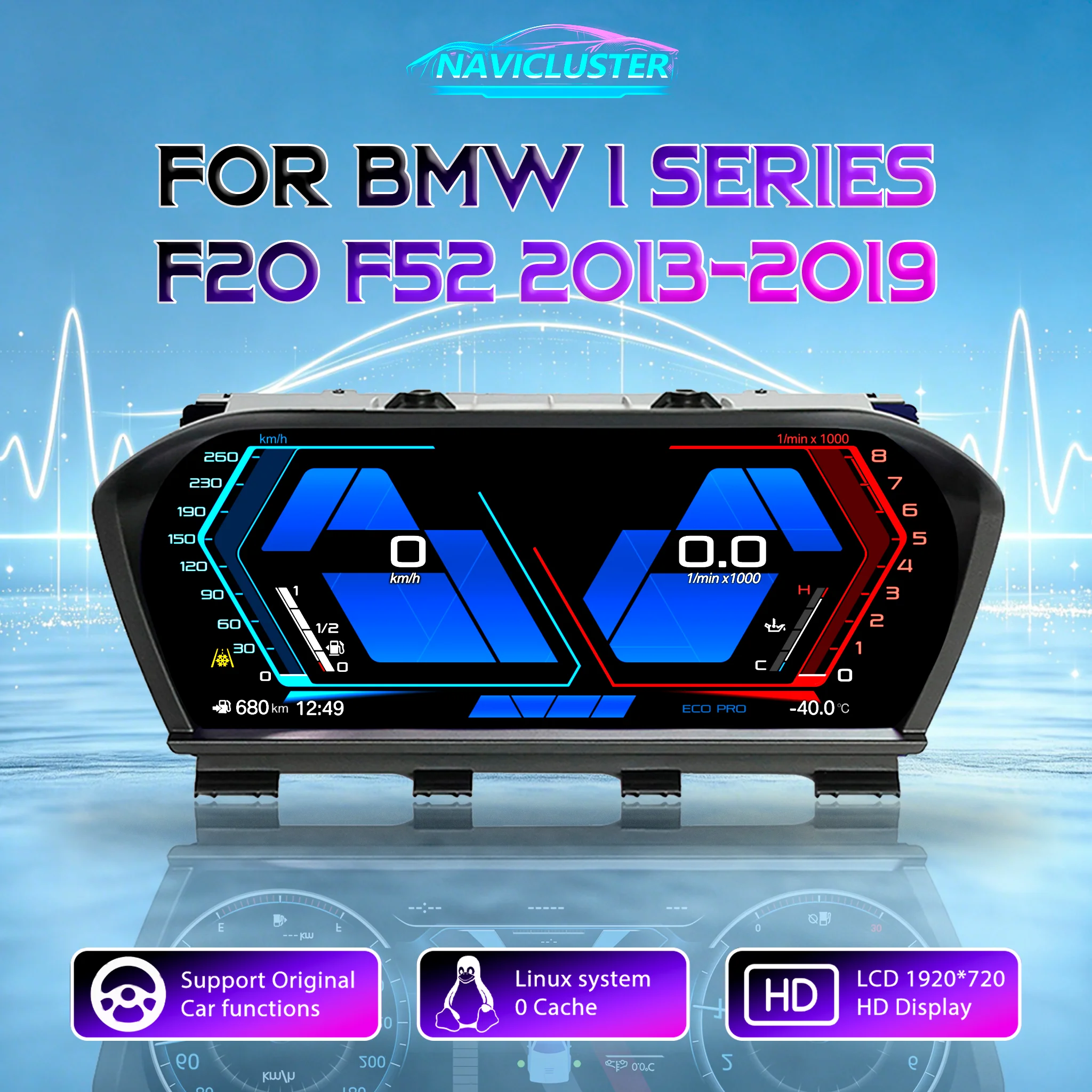 Linux HD Screen 1920*720  Digital Car LCD Dashboard Cluster for BMW 1 2 Series F20 F52 F22 X1 F48 F49 X2 F39 F45 2013-2019 Years Instrument Panel Virtual Cockpit Speedomete