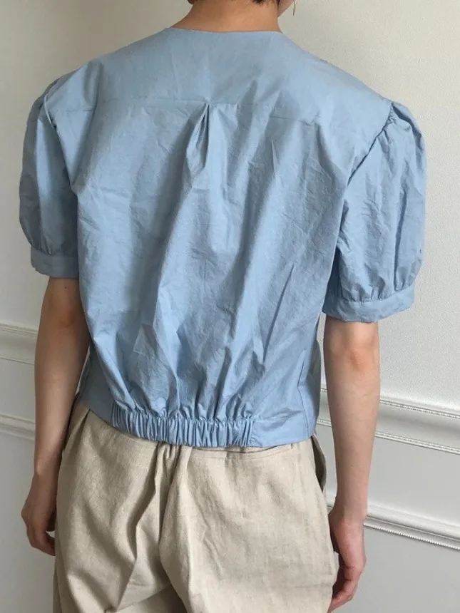 

Faionable Cross Knot V-Ne Crop Top irt Dongda Gate Treasure Item Bloggers Love ort Sve Bubble Sve Pure Color