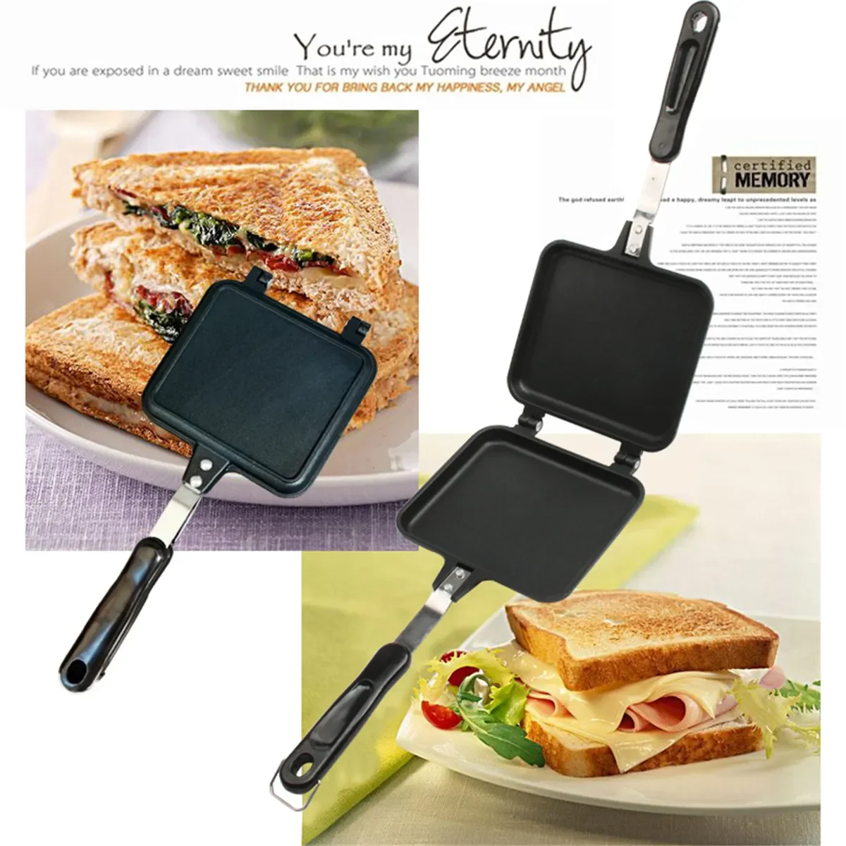 Double Sided Frying Pan Sandwich Maker Non-stick Grilled Sandwich and Panini Maker Pan with Handle Aluminum Flip Pan