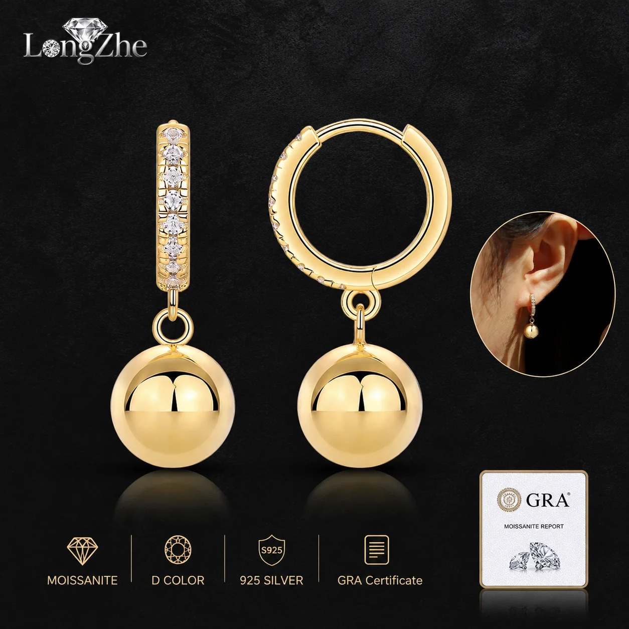 

S925 Sterling Silver Moissanite Hoop Earrings 1.5mm Round Cut Gold Plated Ball Drop Design for Women Daily Wear Anniversary Gift