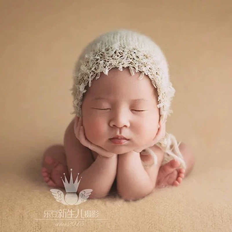 Mohair Baby Girl Hat with Lace Newborn Photography Props Crochet Baby Girl Bonnet Fotoshooting Newborn Hat Infant Accessories