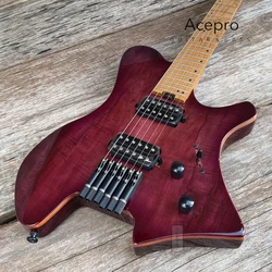 Acepro Headless Electric Guitar, Gloss Purple Koa Top, Stainless Steel Frets, Roasted Maple Neck, Black Hardware, Guitarra