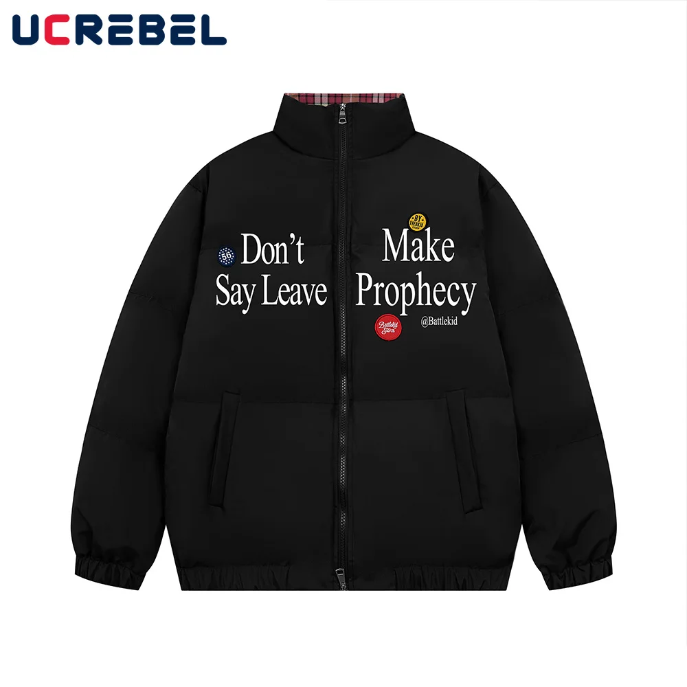 Letter Print Spliced Padded Jacket Mens Embroidery Winter Thick High Street Stand Collar Long Sleeve Bread Jacket Men