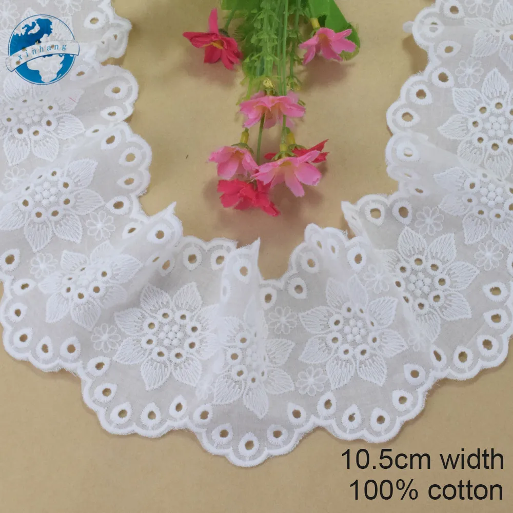 10.5cm Wide Embroidery White Lace Cotton Fabric Sewing Ribbon Trim Wedding Dress DIY Dolls Colthes Curtain Accessories #4301