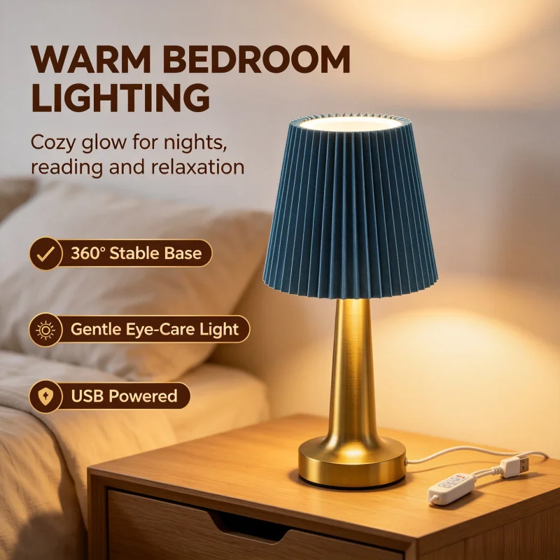 Minimalist Pleated Fabric Bedside Table Lamp USB Controlled Warm Desk Lamp Versatile Decor Light for Every Corner of Home