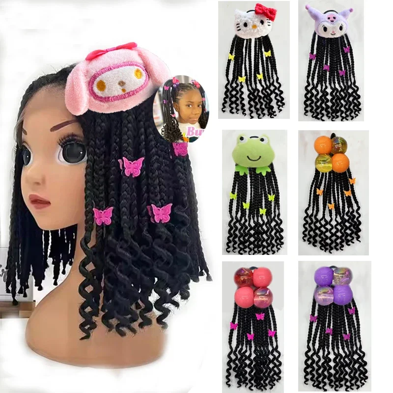 

2 Packs Kids Ponytail Braids Hair ExtensionWith Curly Ends Detachable Synthetic Curly Hairpieces With Bows Protective