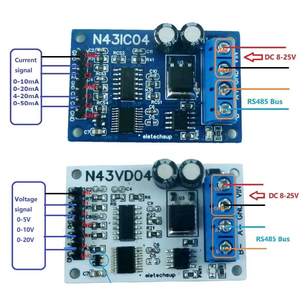 0-10mA 4 Channels Current  Analog Acquisition RS485 Modbus PLC RTU ADC Controller