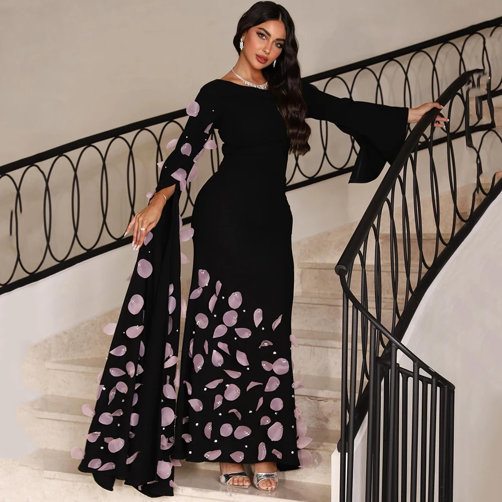 Elegant Black Evening Dress with Pink Floral Petals Beading Mermaid Party Dresses Ankle Length Long Sleeves Saud Prom Gown