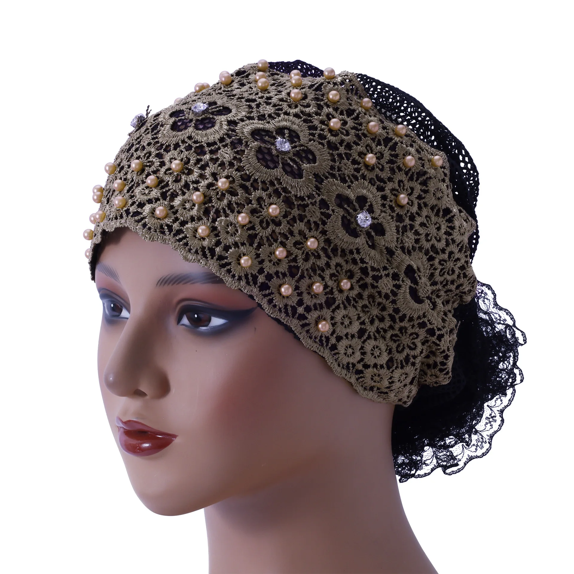 Muslim Women Beaded Hijab Inner Hat Lace Underscarf Turban Flower Headscarf Beanies Bonnet Hollow Out Headwear Turbante Mujer