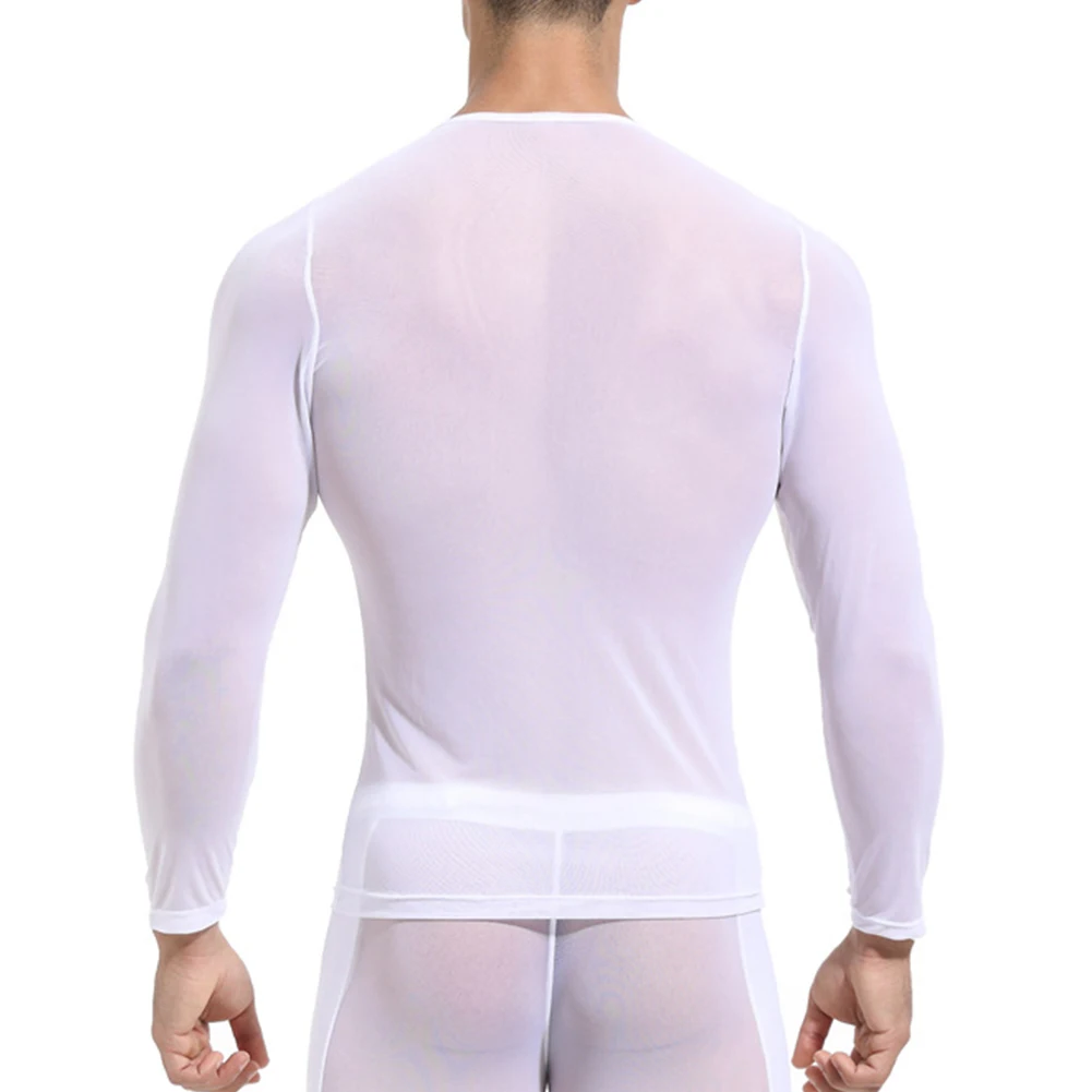 

Mens Mesh See Through Sport Tops Long Sleeve Top T-Shirt Sheer Tights Mens Undershirt Gay Clothing Transparent Shirt Sex Costume