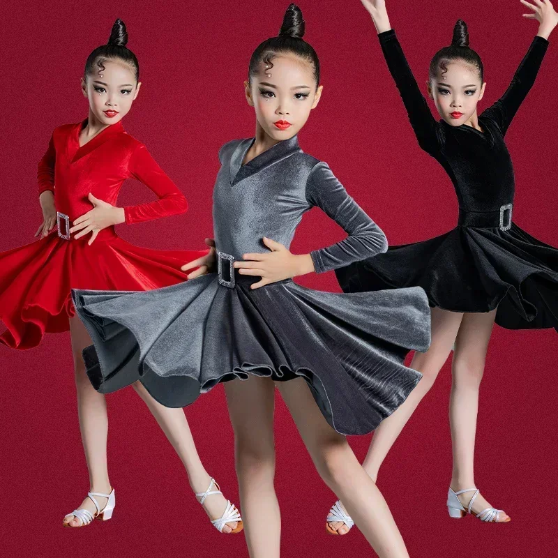 Children Latin Dance Dress Training Clothes Grey Autumn Winter Korean Velvet Long Sleeve Girls Competition Clothes